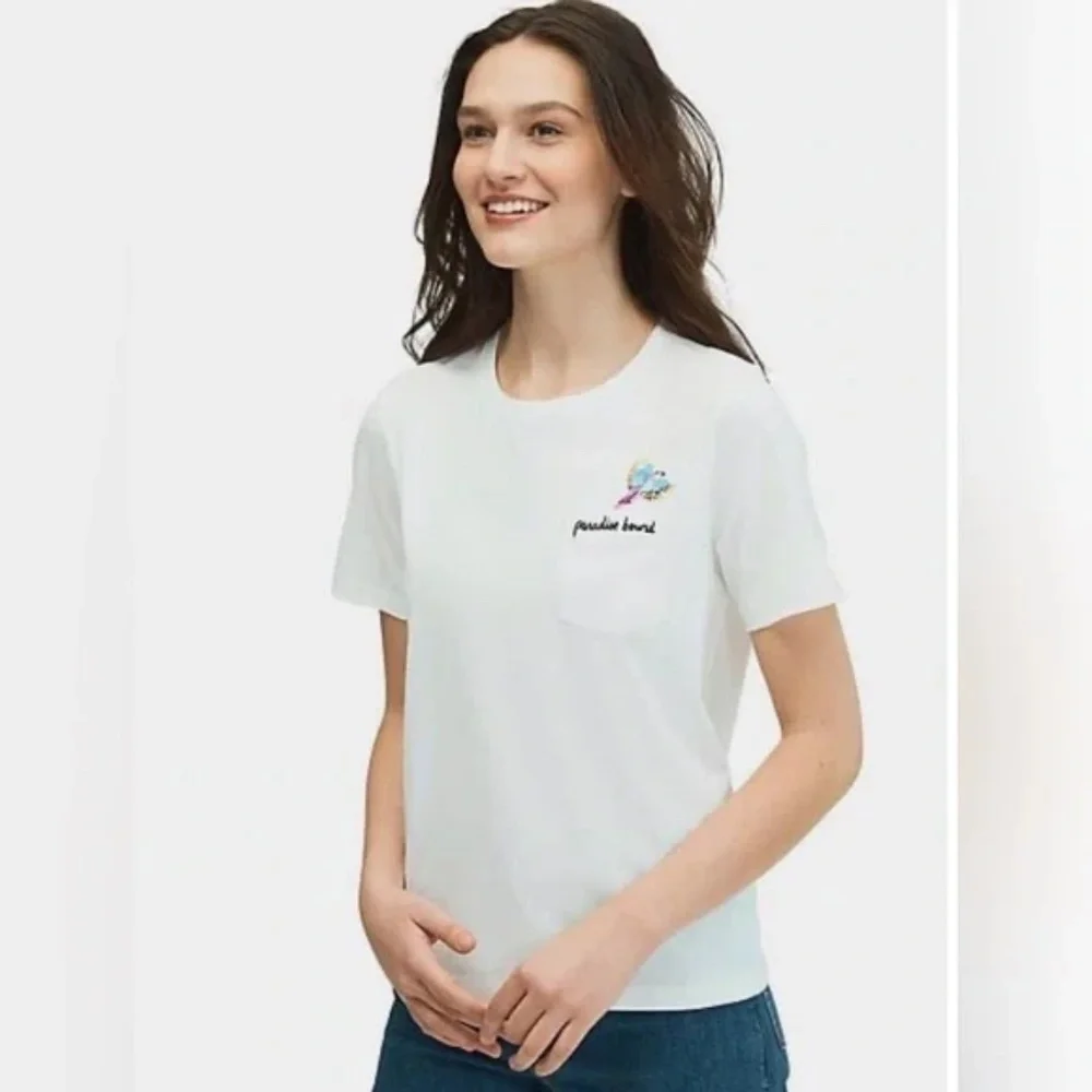 EUC Kate Spade Paradise Bound Sequin Bird White Tee T Shirt Top Size MEDIUM
